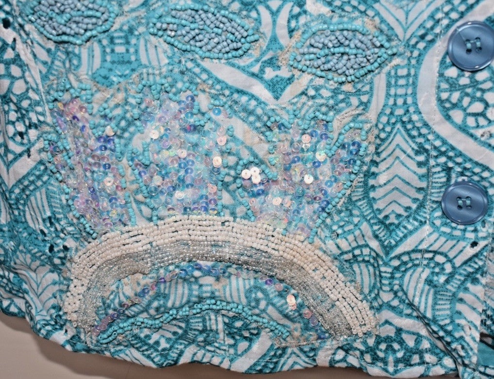 Antica Sartoria 2025 Beautiful Blue White Print Antica Beaded Jacket Medium NWT