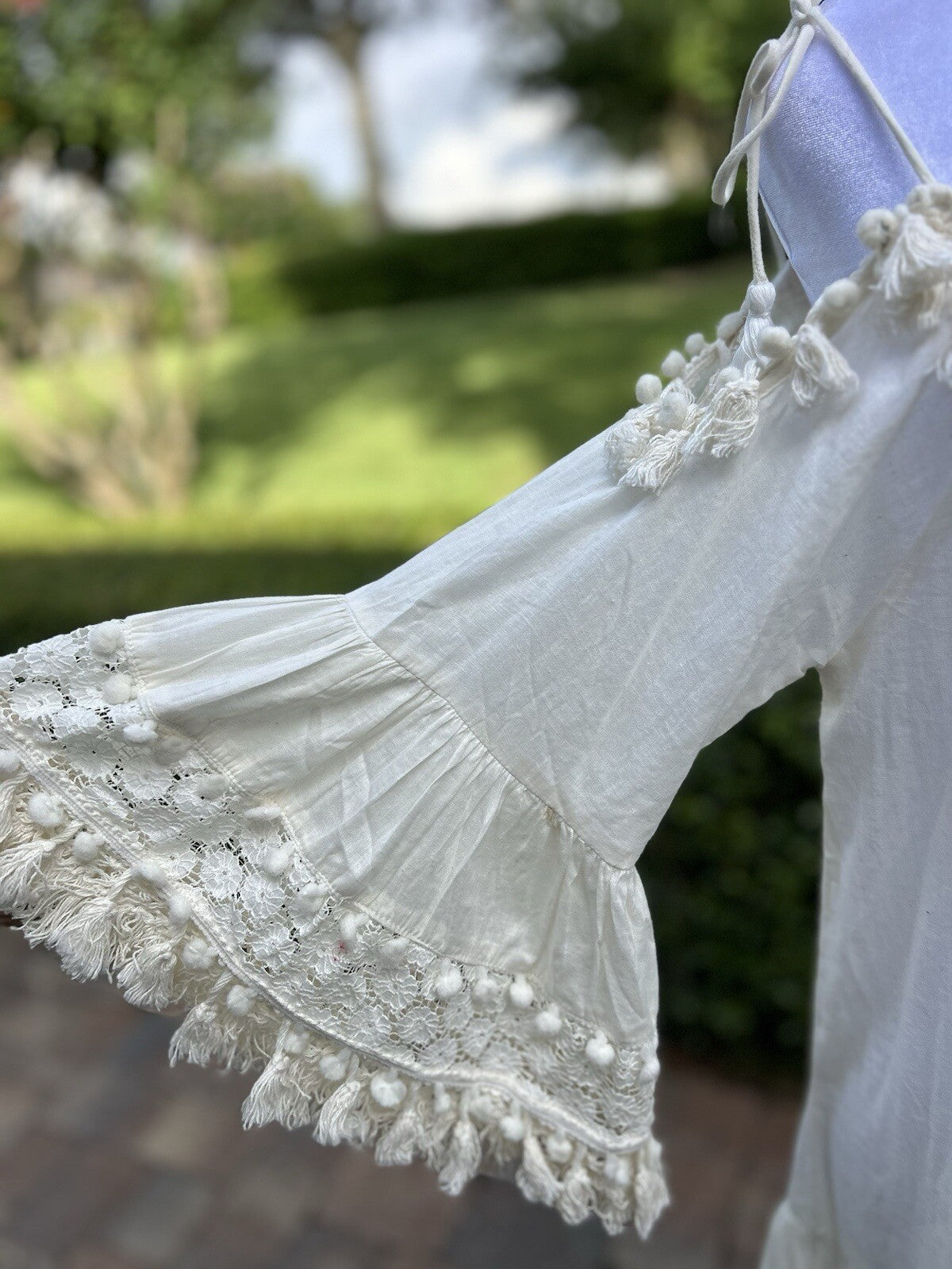 Antica Sartoria Off White Peek A Boo Shoulder Dress  Lace POMPOM