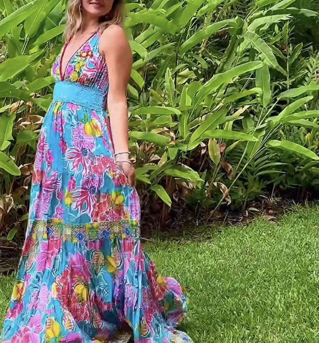 Antica Sartoria 2024 Flowers Pink Blue Long Beaded Knitted Backless Dress Nwt