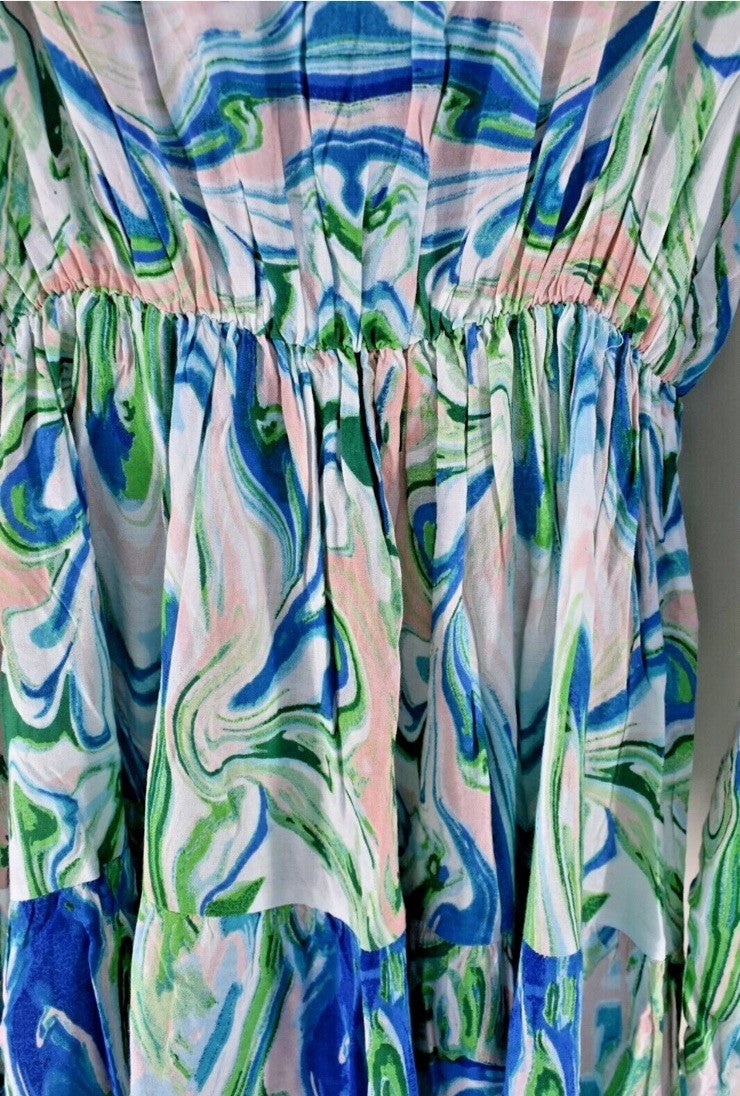 ANTICA SARTORIA 2024 AQUA BLUE WHITE &GREEN SWIRLS TIE FRONT DRESS NWT O/S