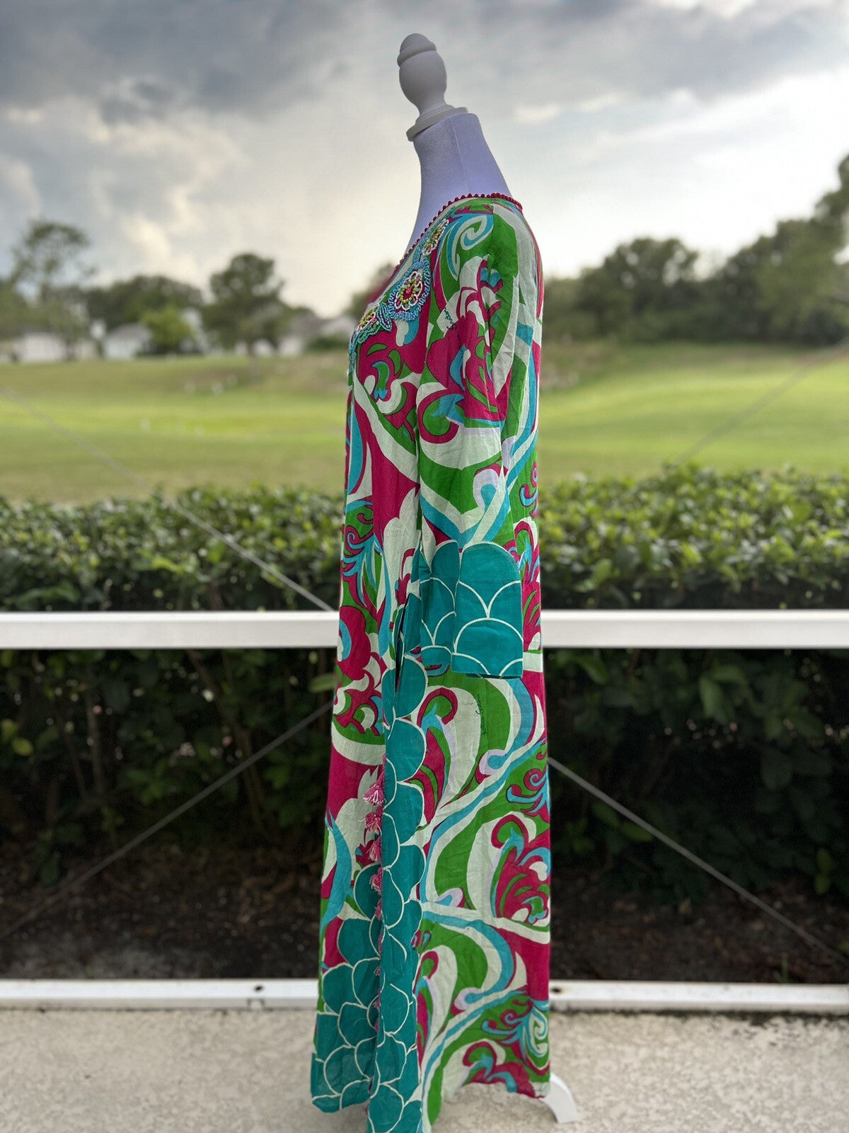 Antica Sartoria Splash & Wave Pattern Long Kaftan Dress Aqua🩵 🩷 Pink 💚🤍 S/M