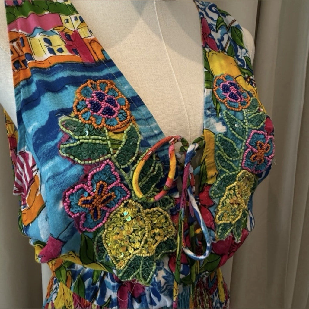 ANTICA SARTORIA 2024 CITY BY THE SEA SORRENTO LONG Back Short Front DRESS NWT OS