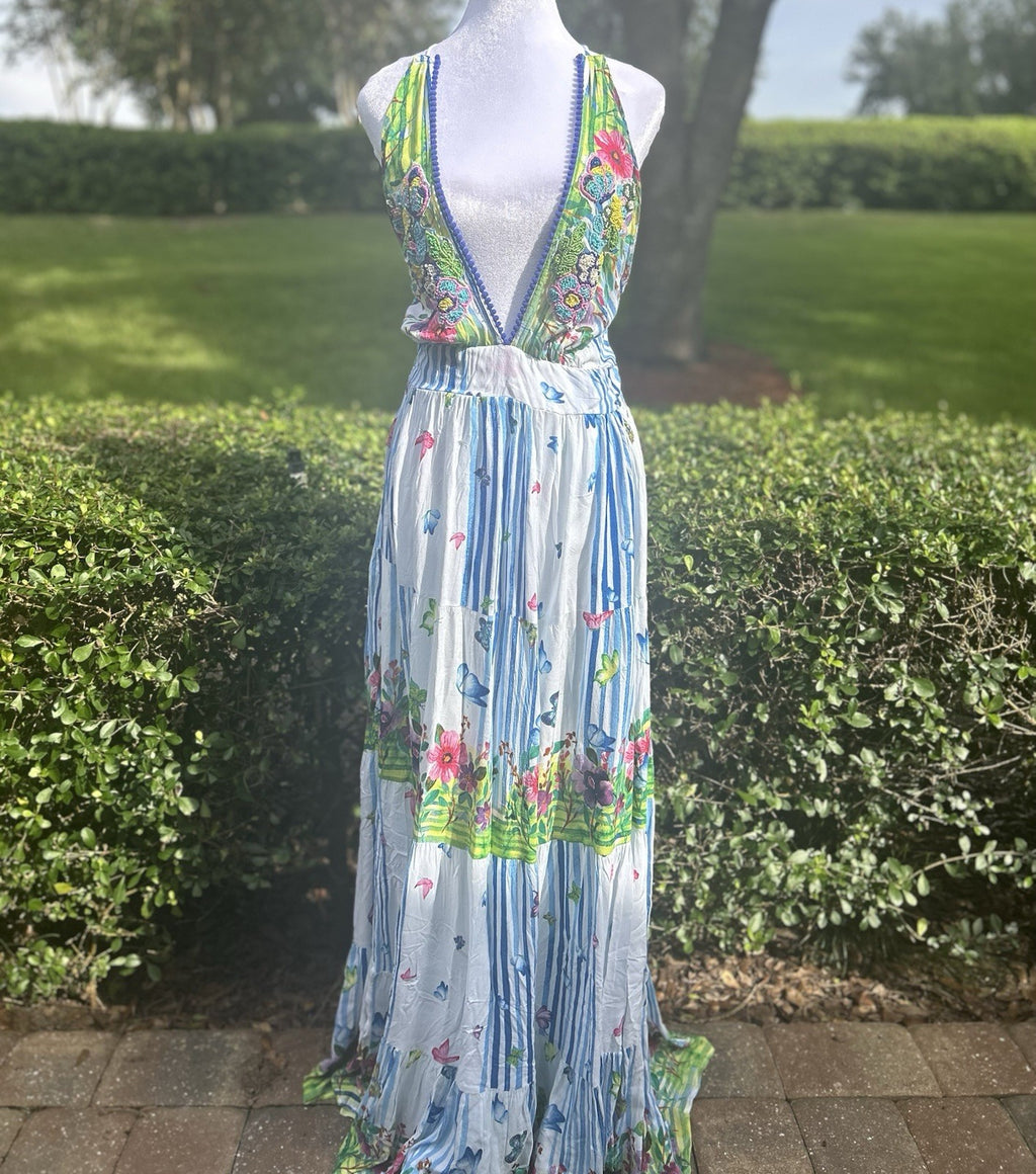 Antica Sartoria 2024 Long Halter V Neck Beaded  Butterflies & Stripes Dress Nwt