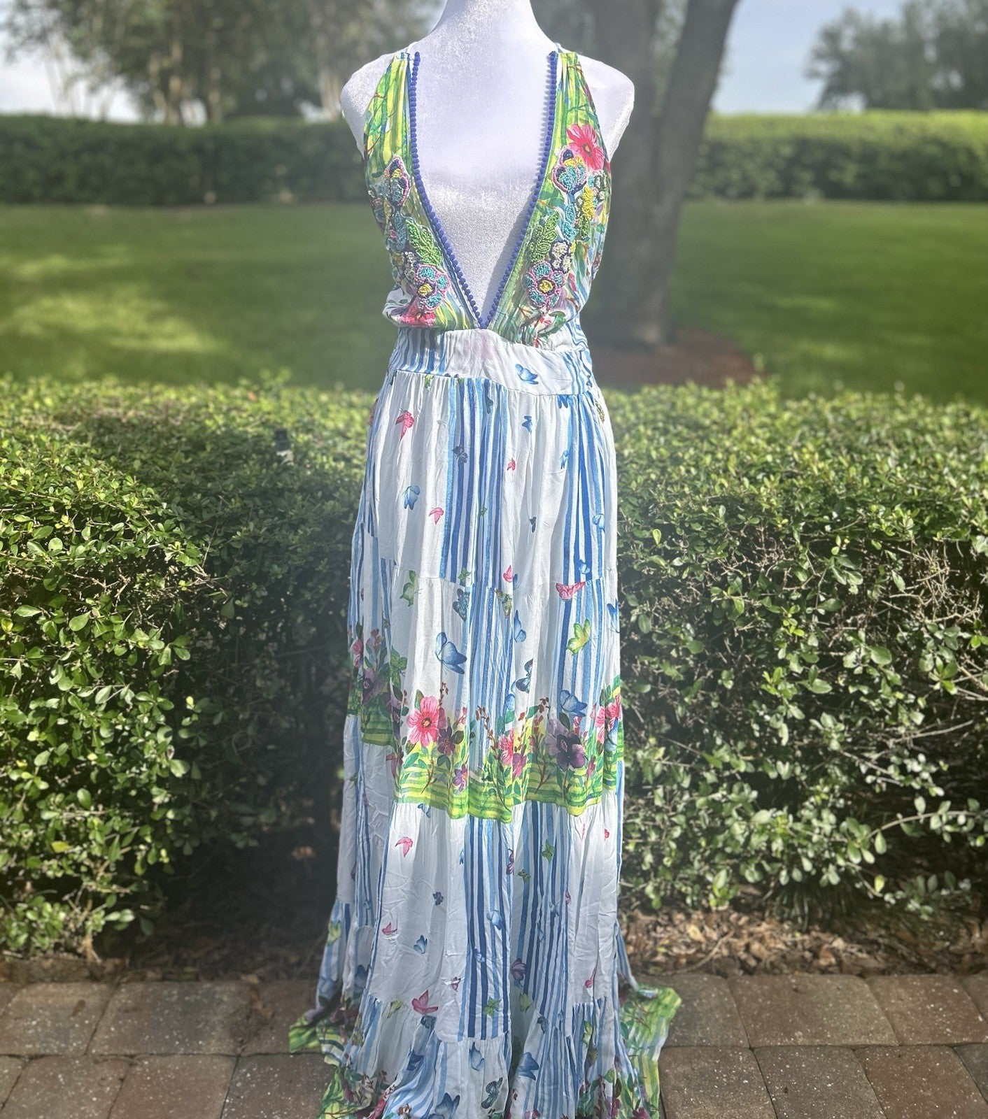 Antica Sartoria 2024 Long Halter V Neck Beaded  Butterflies & Stripes Dress Nwt
