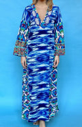 ANTICA SARTORIA BLUE WHITE SEQUINS LONG KAFTAN DRESS NWT L/ XL