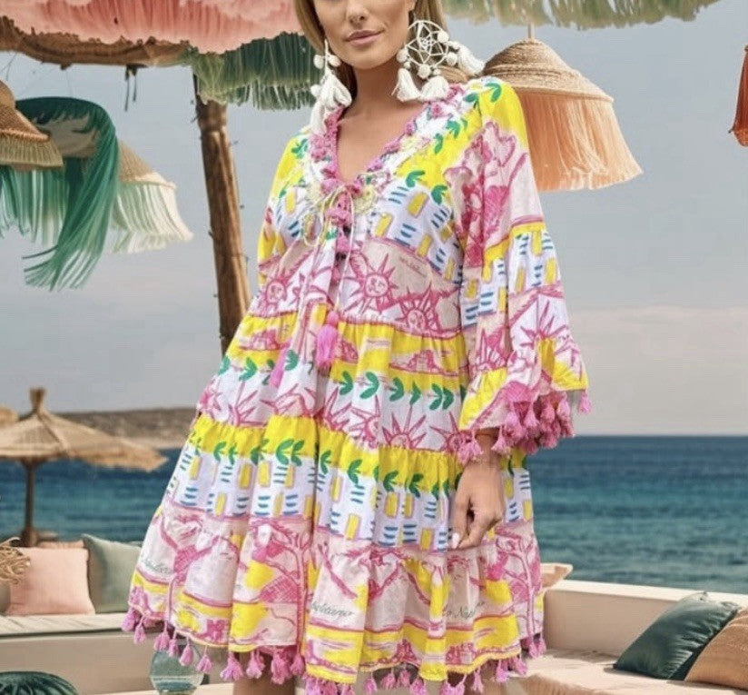 Antica Sartoria 2024 Fun In The Sun Yellow Green V Neck Dress NWT O/S