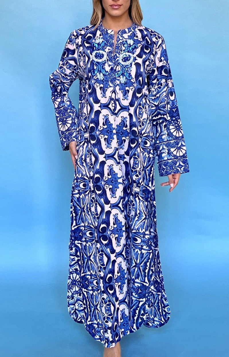 ANTICA SARTORIA 2023 BLUE WHITE KALEIDOSCOPE LONG MUMU/DRESS/KAFTAN NWT L/XL