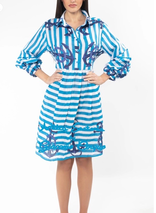 Antica Sartoria 2025 Blue And White Sailor Button Collar Dress NWT S/M