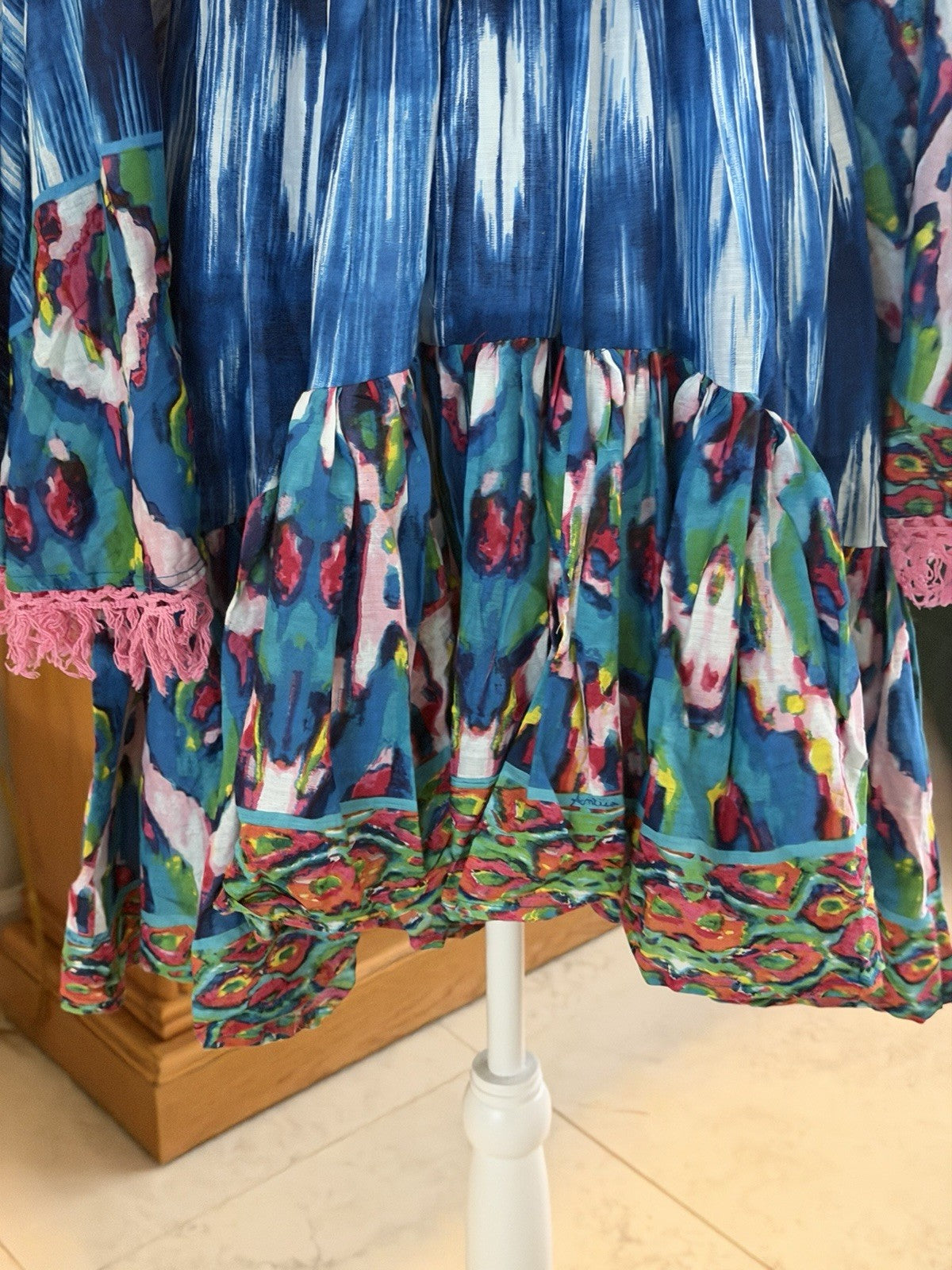 Antica Sartoria 2024 Blue White Pink Off Shoulder Smocked Dress NWT O/S
