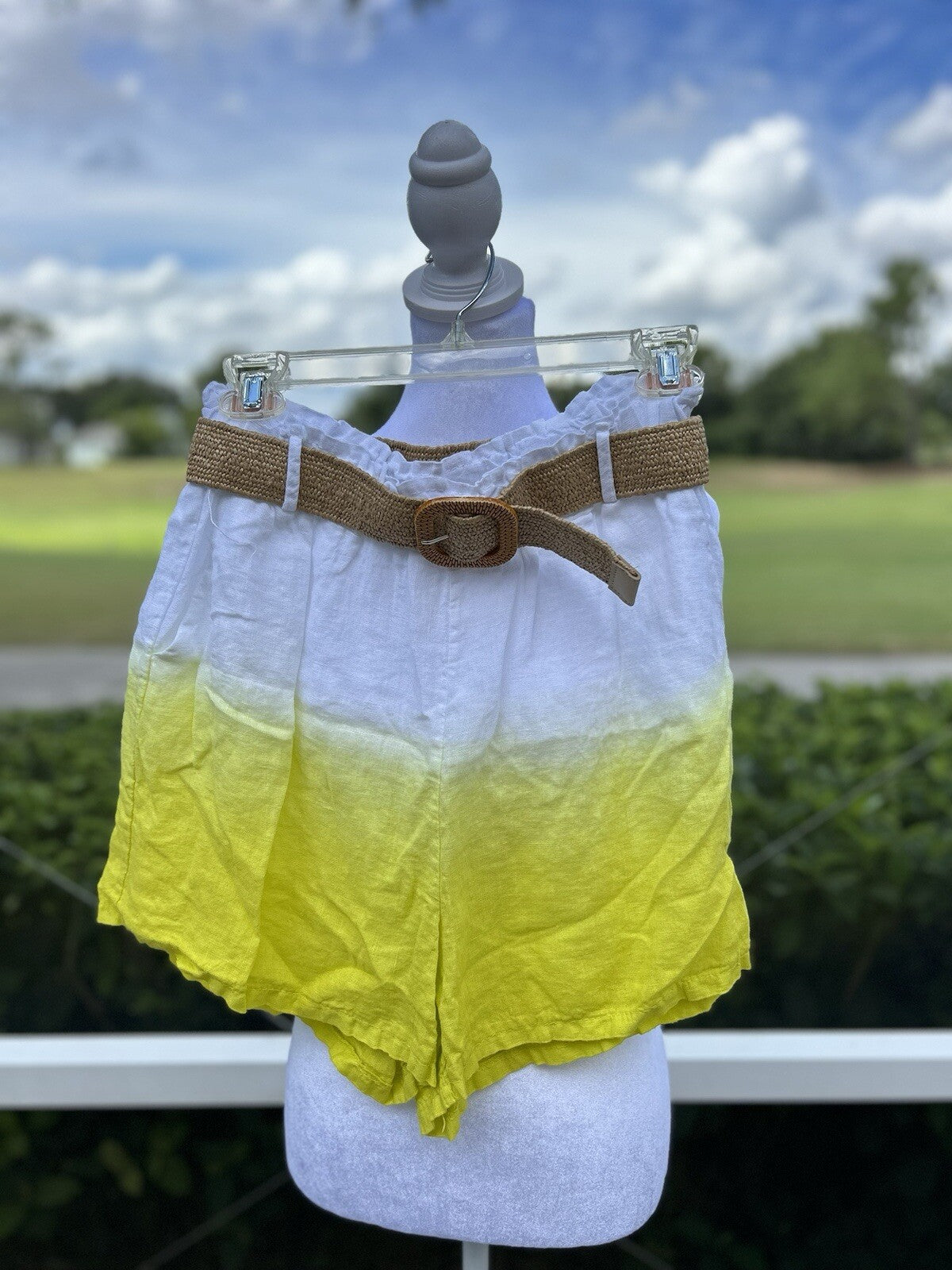 Made In Italy 100% Linen Short Long Shirt Tip Dye Button Down White Yellow 2 Pcs
