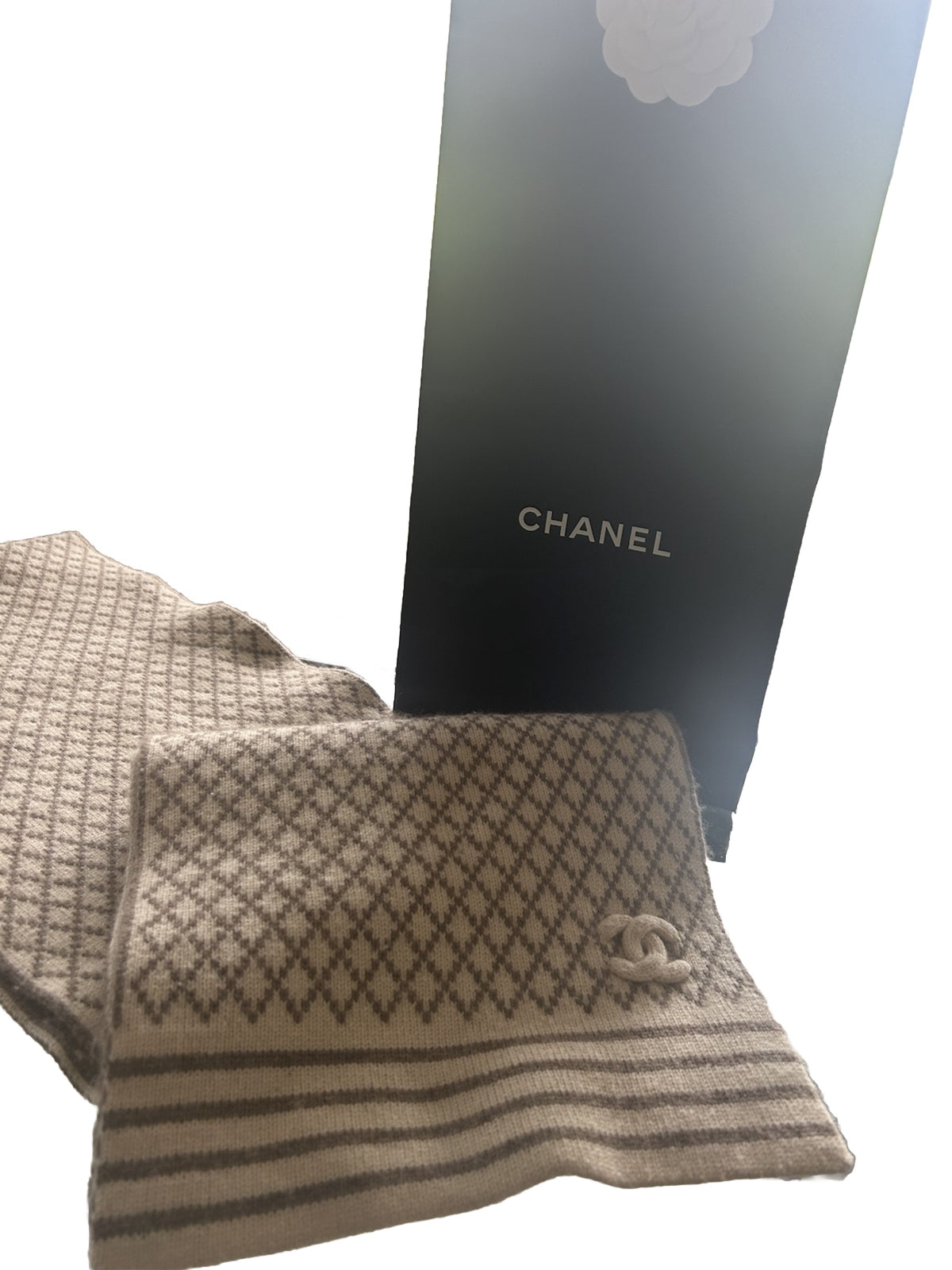 CHANEL Milk tea Beige CC Logo Cashmere Scarf Wrap Stole
