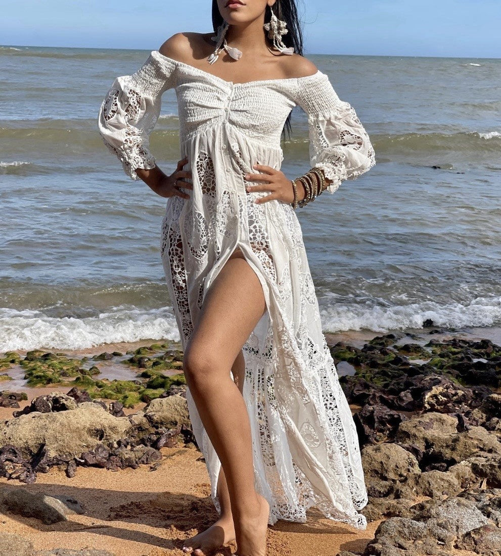 Antica Sartoria White Off Shoulder Long Lace Buttons Dress With Under Skirt