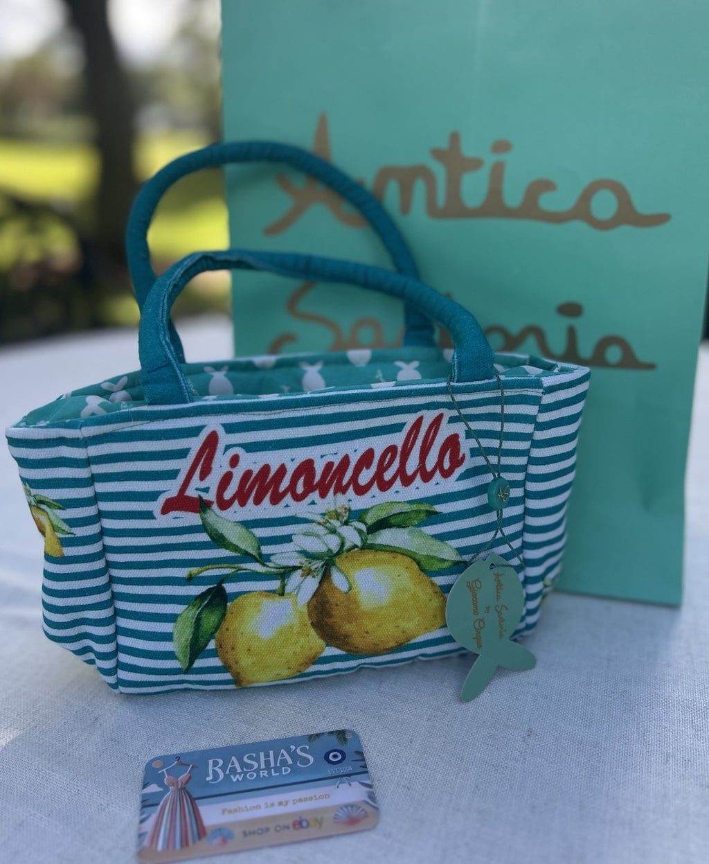 Antica Sartoria 2025 Lemon Turquise White Striped Tote Zipper Bag NWT