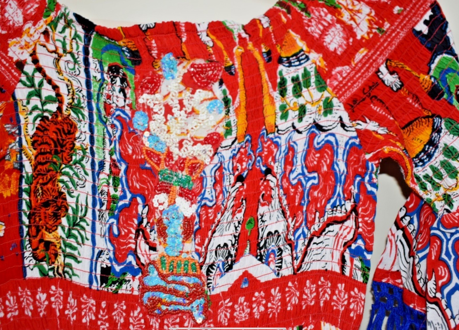 ANTICA SARTORIA 2024 SMOCKED OFF SHOULDER ASIAN PRINT LOVELY DRESS TOP NWT O/S