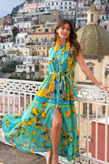 Antica Sartoria 2026 Gorgeous Aqua Lemon Long Belted Dress L/XL Nwt