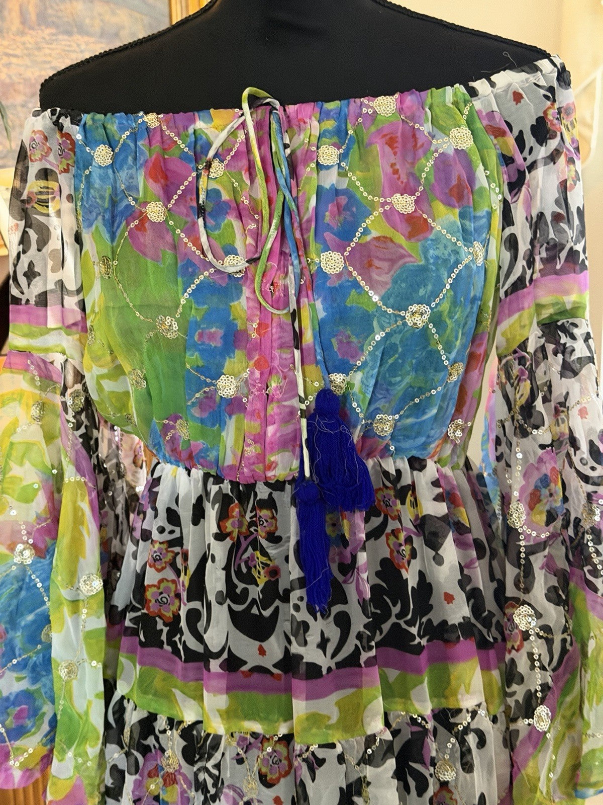 Antica Sartoria Long Beaded Green Blue Fun Print Off Shoulder O/S