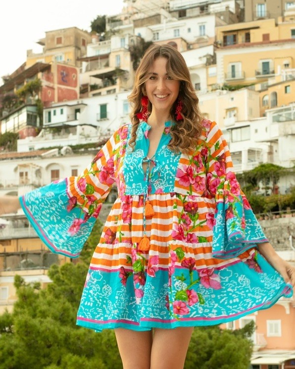 Antica Sartoria 2026 Blue & Orange Floral Stripe Flare Sleeve Dress O/S Nwt