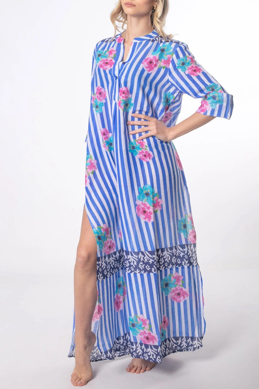 Antica Sartoria 2025 Blue White Roses Stripped Kaftan Dress NWT L/XL