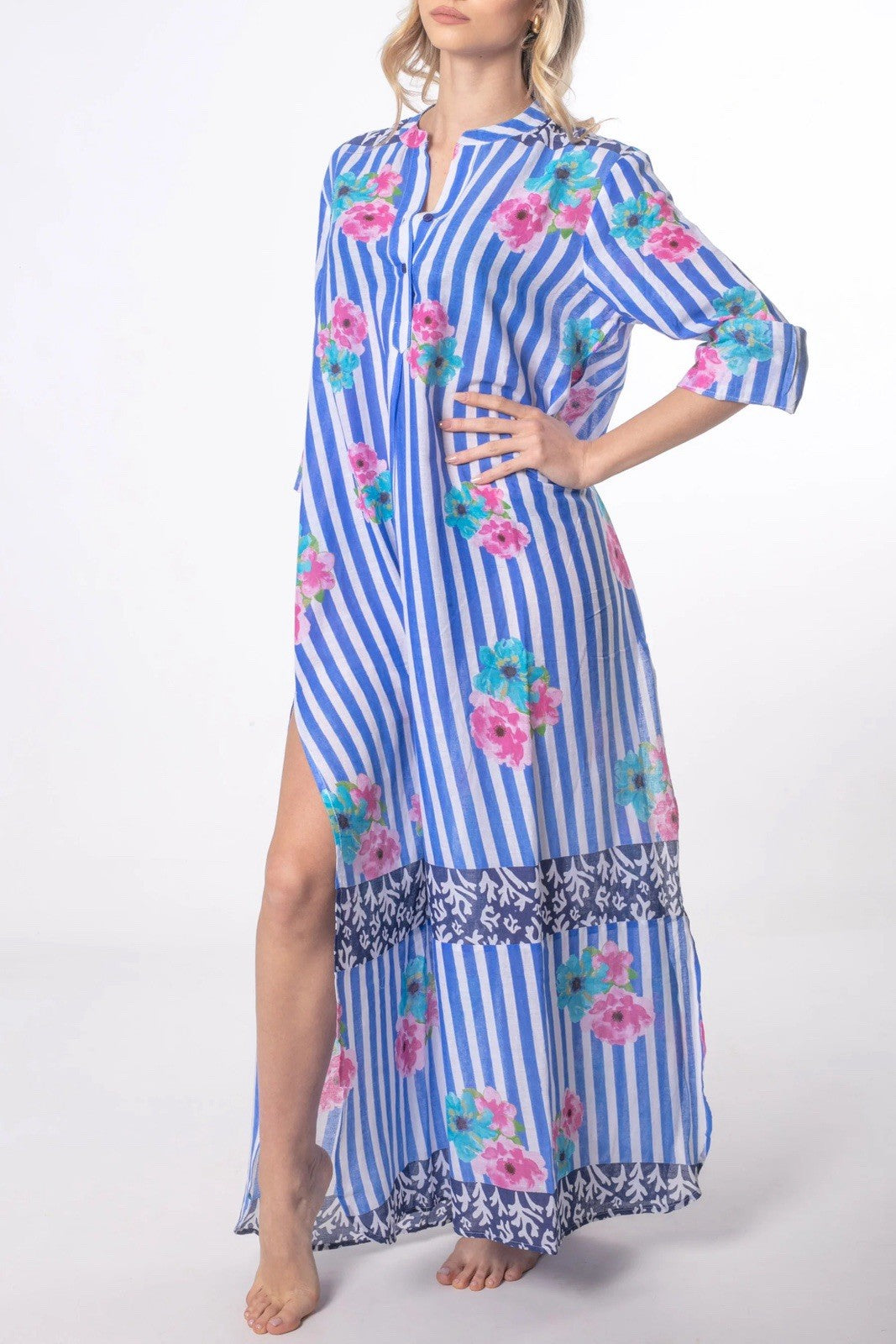 Antica Sartoria 2025 Blue White Roses Stripped Kaftan Dress NWT L/XL
