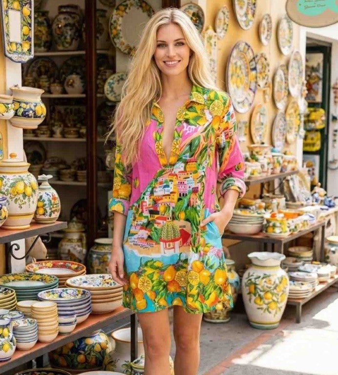 Antica Sartoria 2026 Positano Amalfi Coast Pink Lemon Dress Nwt X LARGE
