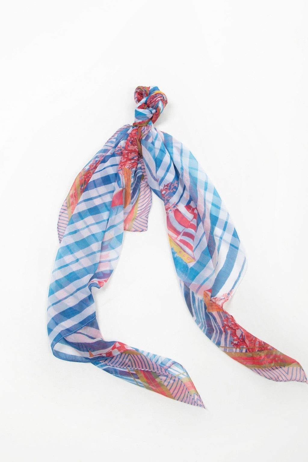 Antica Sartoria 2025 Poly Chiffon Coral & SailBoats Stripe Scarf Sarong NWT O/S