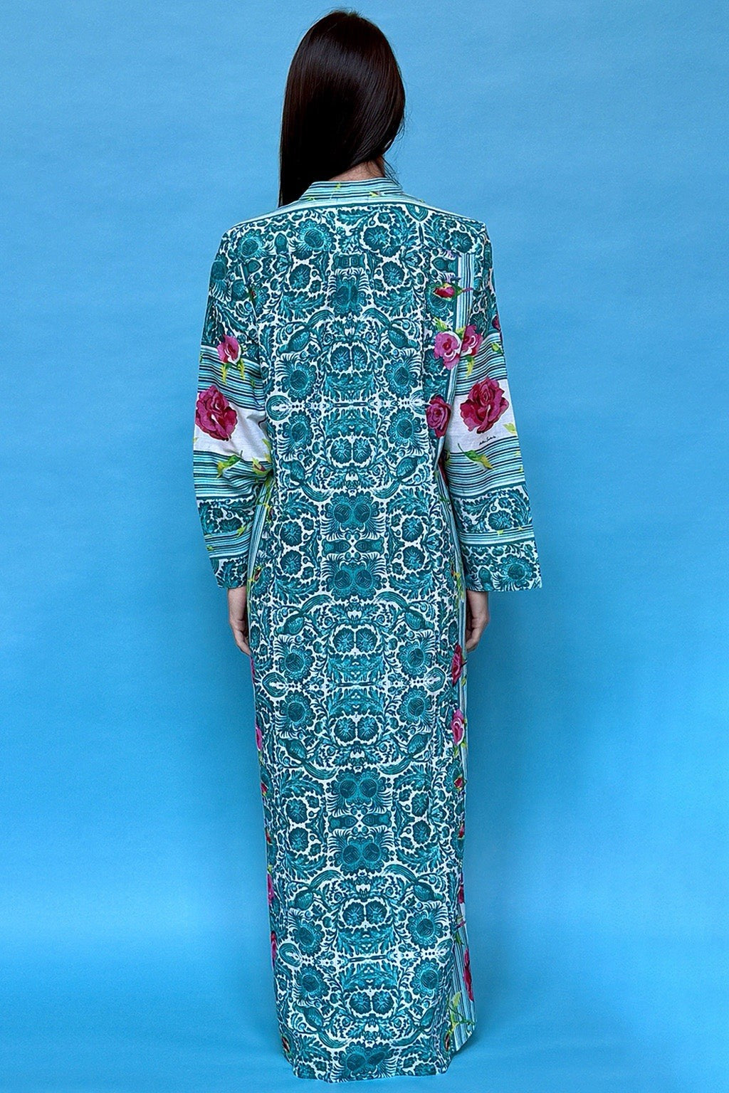 ANTICA SARTORIA AQUA & WHITE ROSES LONG DRESS MUMU/KAFTAN NWT S/M LAST ONE