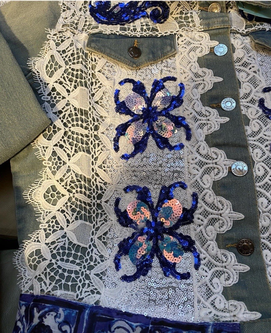 ANTICA SARTORIA 2024 BEAUTIFUL FLOWERS & LACE JEAN JACKET LARGE NWT