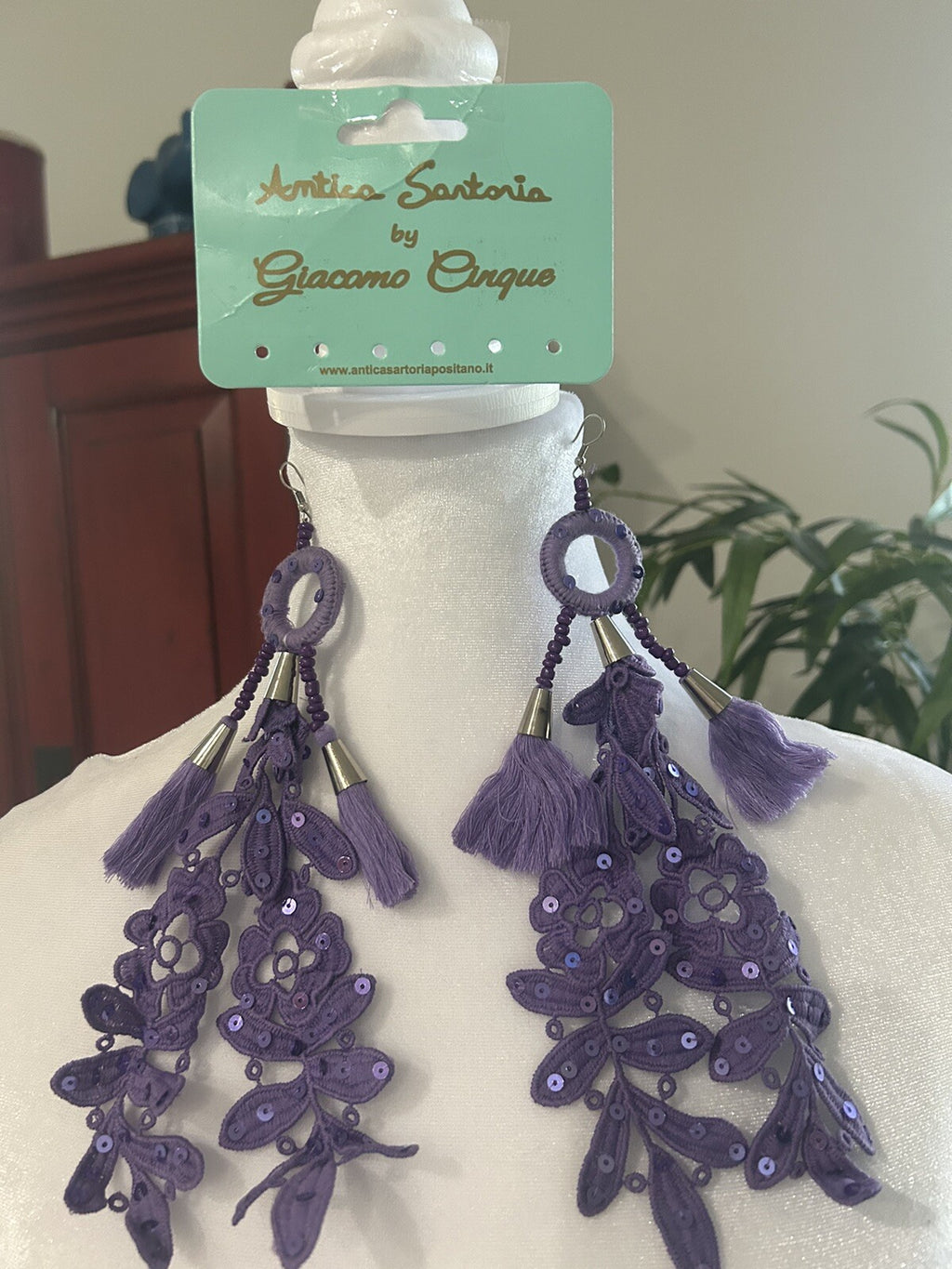 ANTICA SARTORIA PURPLE PLUM FLOWERS LACE BEADS EARRINGS PIERCED  NWT