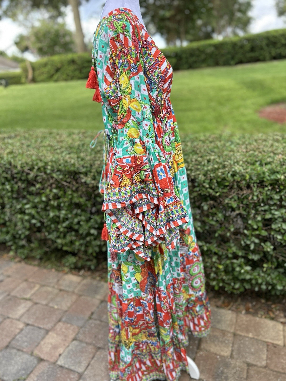 Antica Sartoria 2024 Gorgeous Print Green & Red Long Beaded V Neck Dress NWT O/S
