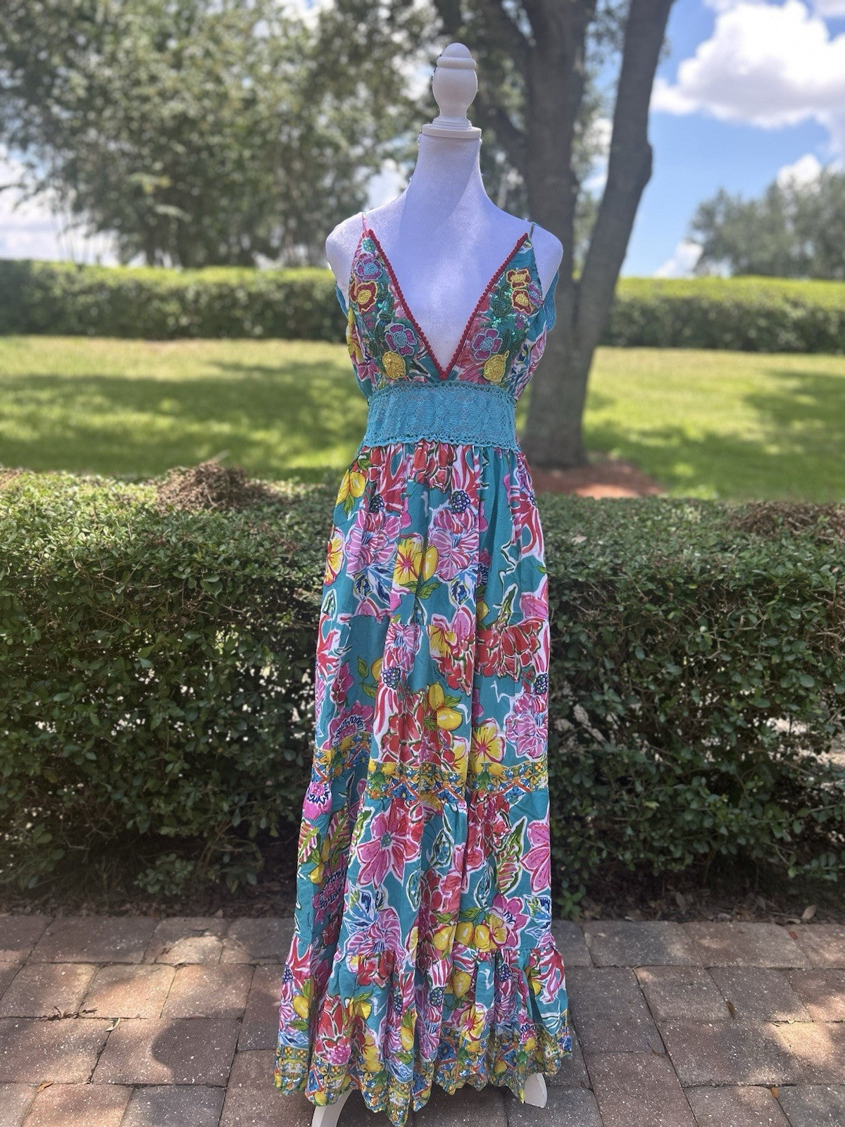 Antica Sartoria 2024 Flowers Pink Blue Long Beaded Knitted Backless Dress Nwt