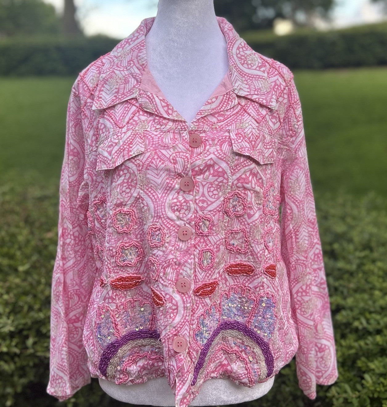 Antica Sartoria 2025 Pink White Print Antica Beaded Jacket Medium NWT