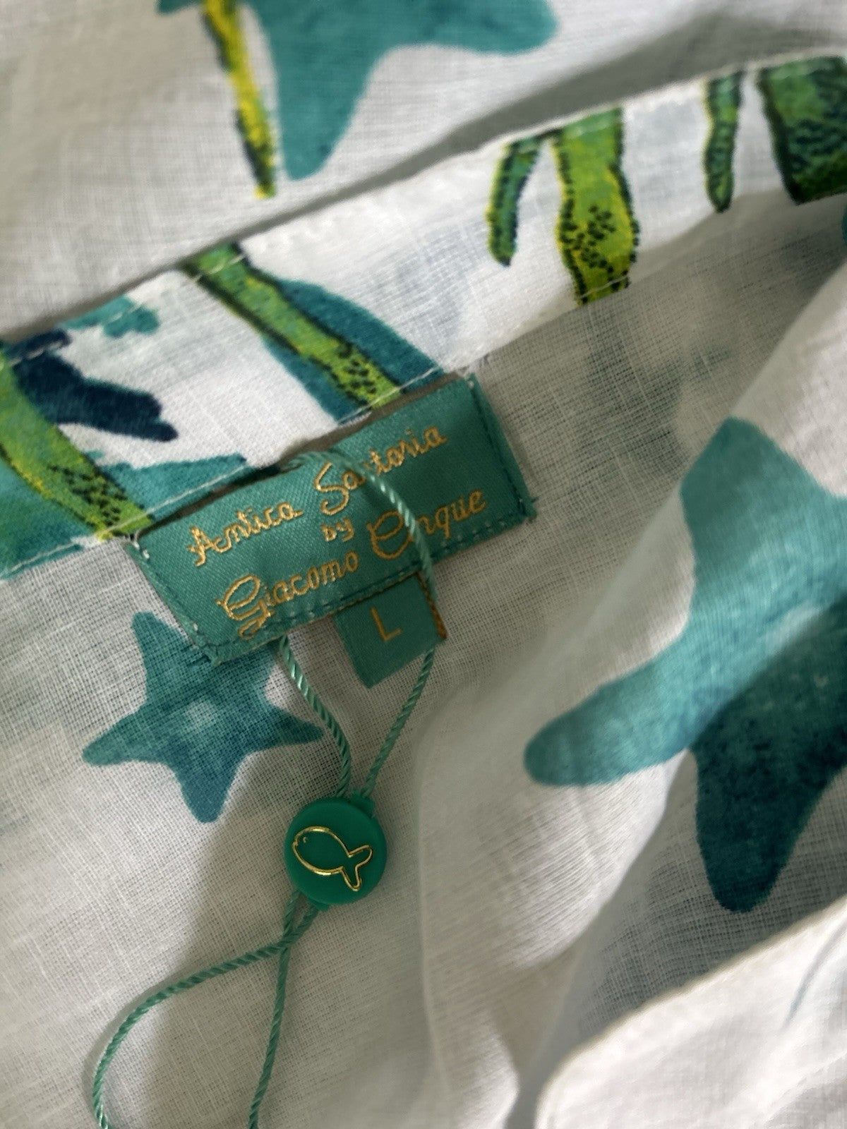 Antica Sartoria 2025 White & Blue Star Fish & Corals Tunic Kaftan Large NWT
