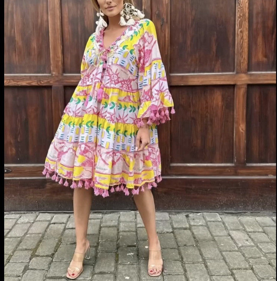 Antica Sartoria 2024 Fun In The Sun Yellow Green V Neck Dress NWT O/S