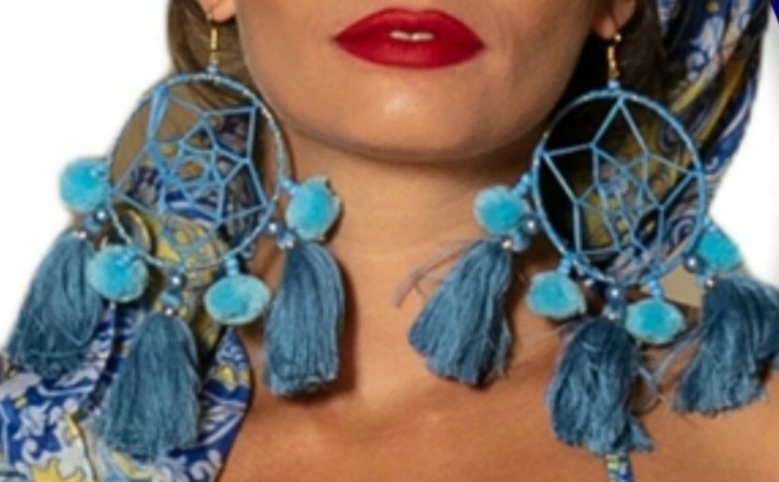 Antica Sartoria Blue Web Pompom Earrings NWT