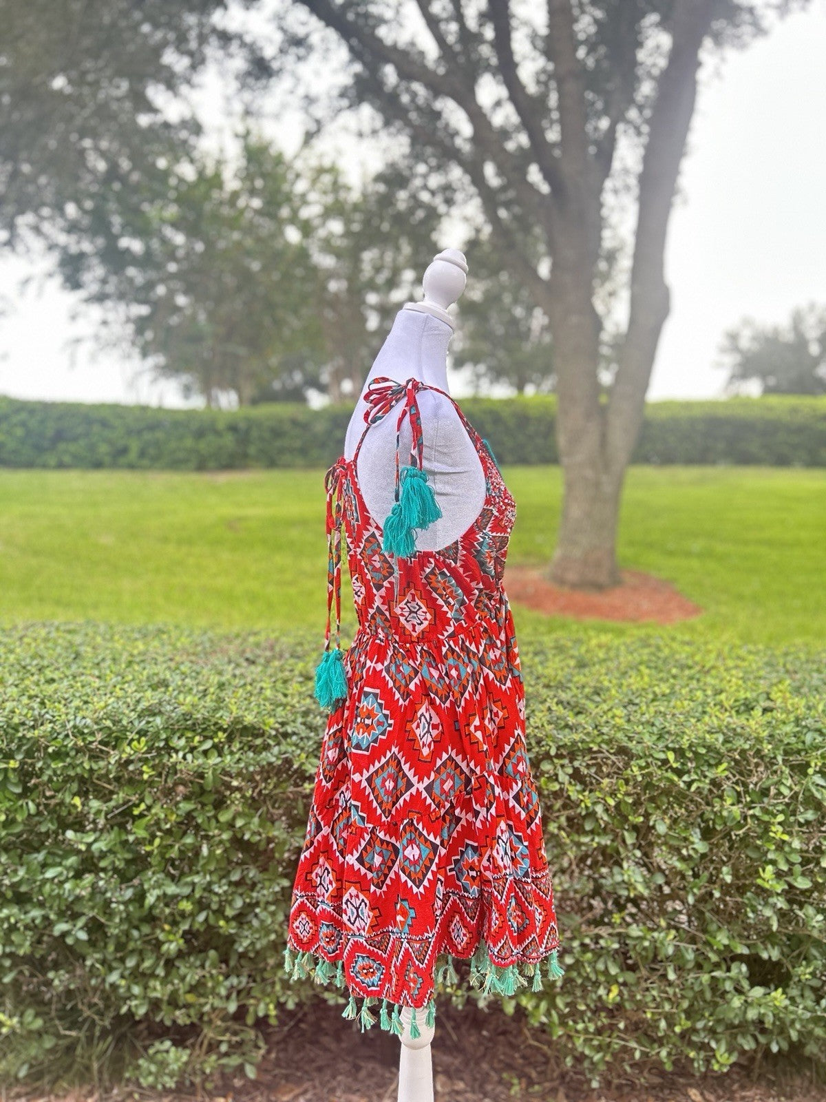 Antica Sartoria Scrappy Red Green V Neck Beaded Dress NWT O/S