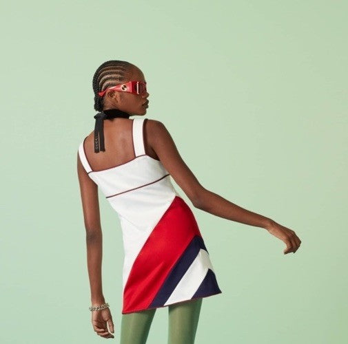 GUCCI 2024 RED WHITE AND BLUE SHORT STRAPPY DRESS NWT Size M