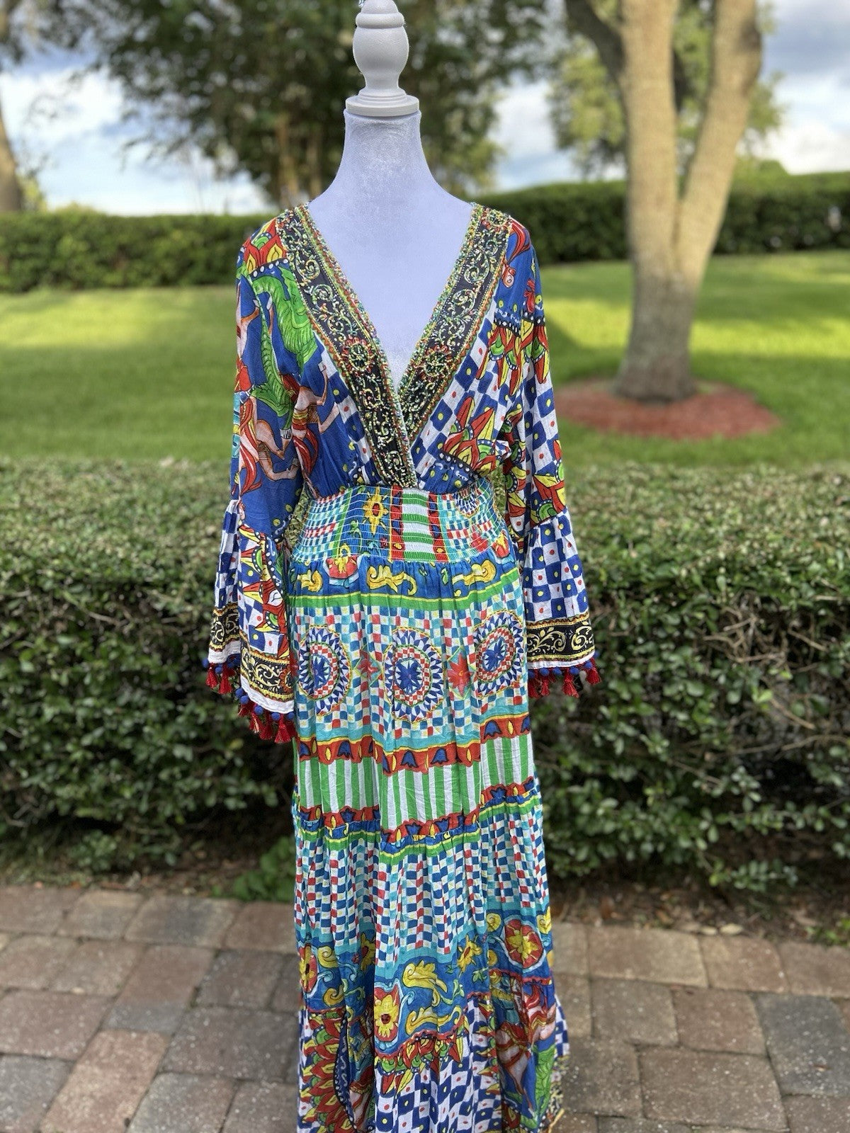 Antica Sartoria 2024 Gorgeous Green & Blue Long V Neck Beaded Top Dress NWT O/S