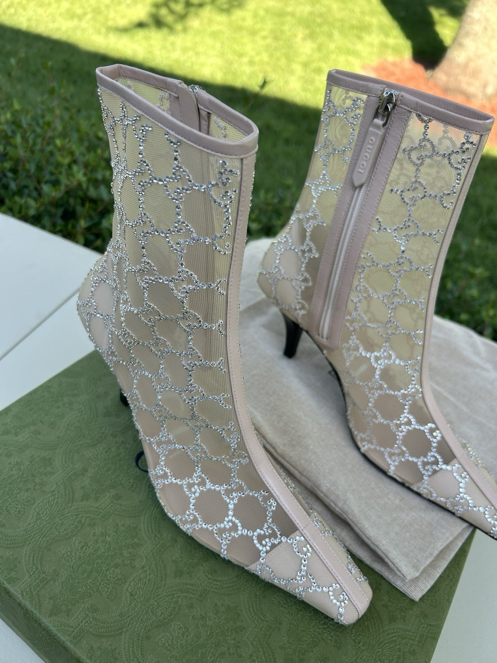 Gucci Demi Crystal Mesh Ankle Boots Glitter Beige Size EU-37.5 NIB