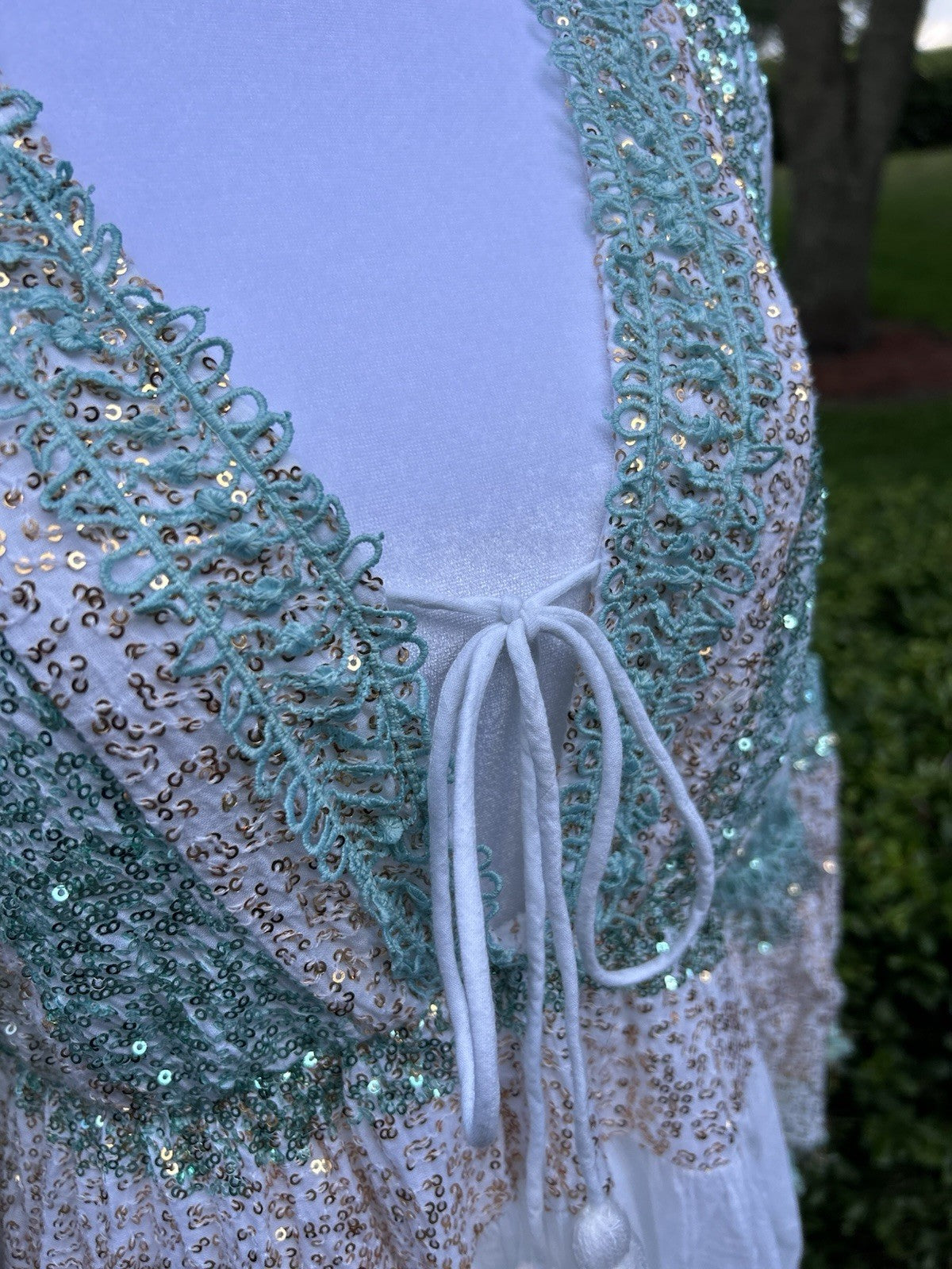 ANTICA SARTORIA 2024 WHITE AQUA GOLD TIE FRONT GORGEOUS SEQUINS OS DRESS LAST 1