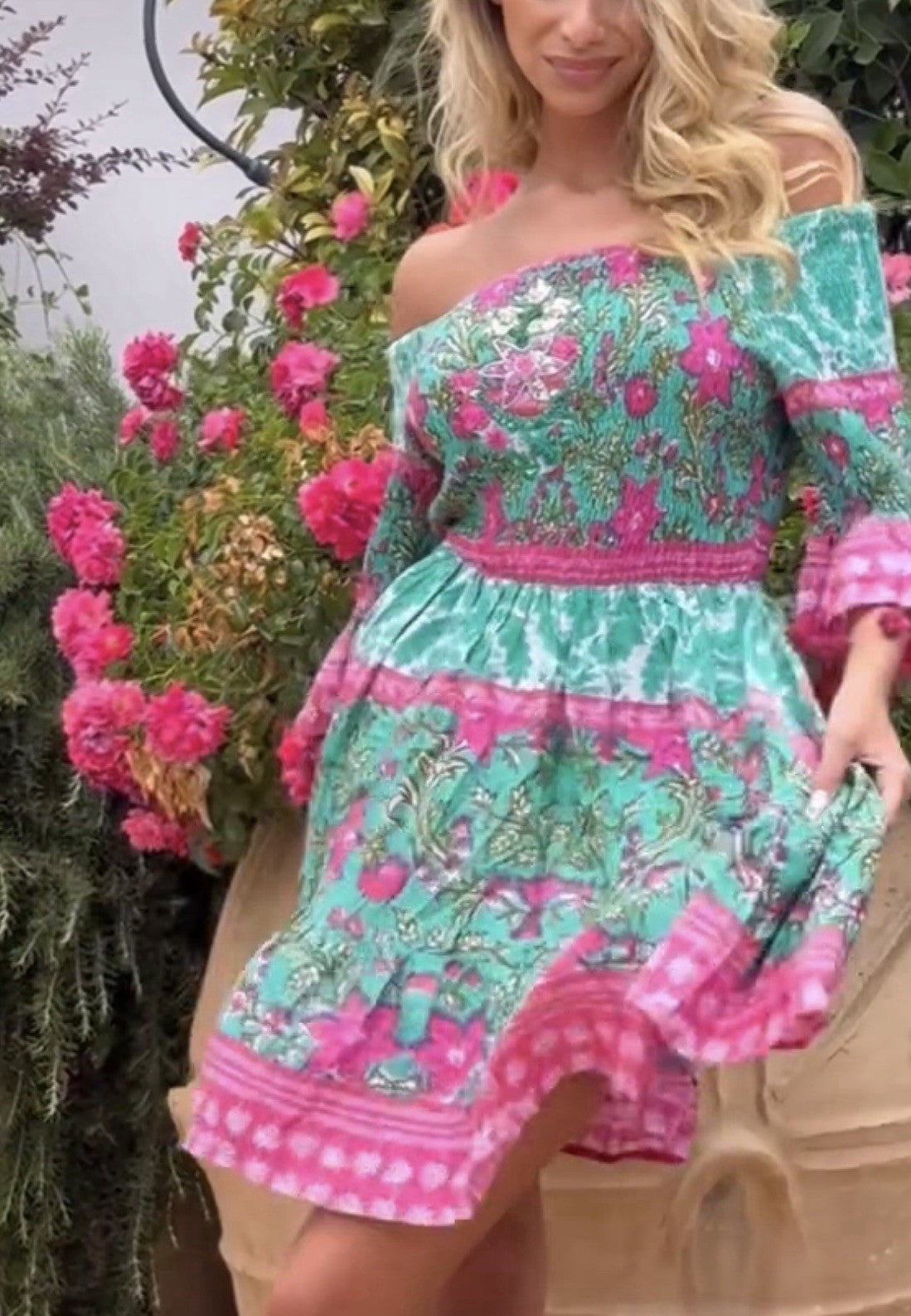 ANTICA SARTORIA 2024 AQUA GREEN & PINK OFF SHOULDER COTTON DRESS NWT O/S