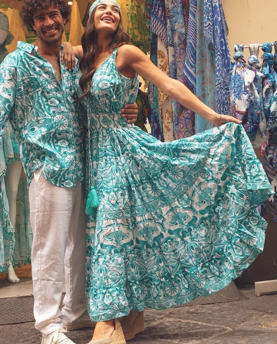 Antica Sartoria 2024 Aqua & White Beautiful Long Dress V-Neck NWT O/S