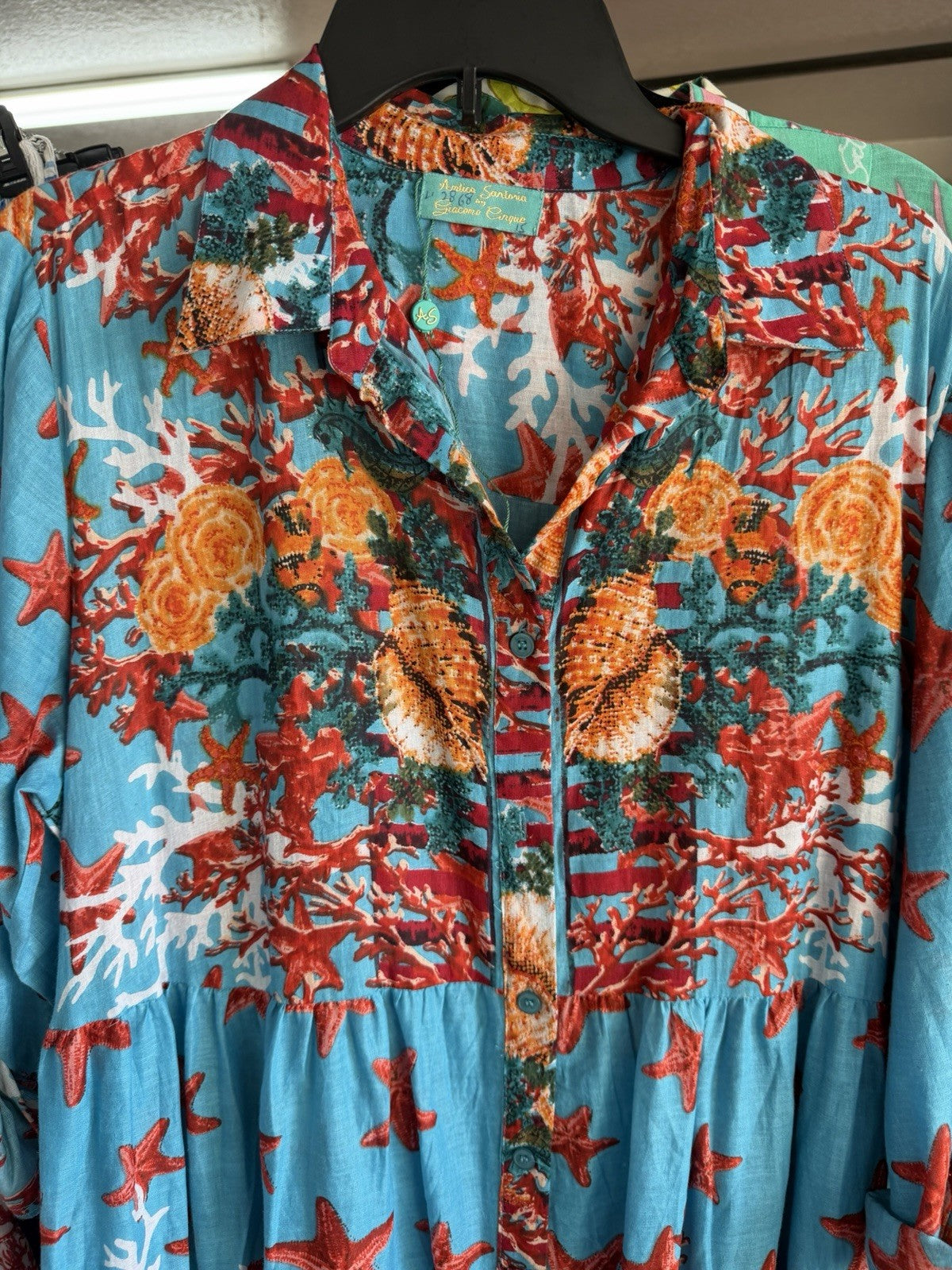Antica Sartoria 2026 Aqua Coral Fish & Stars Long Flowy Belted Button Down Dress