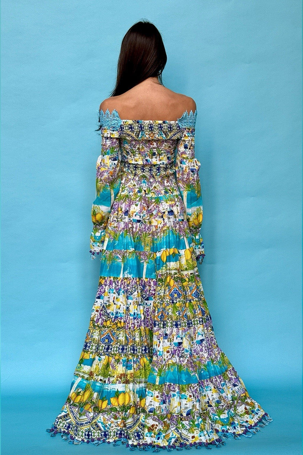 ANTICA SARTORIA TURQUISE GREEN LEMON LONG BACK SHORT FRONT DRESS O/S GORGEOUS