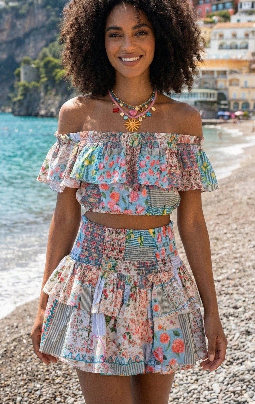 ANTICA SARTORIA 2026 BLUE & WHITE ROSES LEMONS SHORT SKIRT & TOP NWT OS