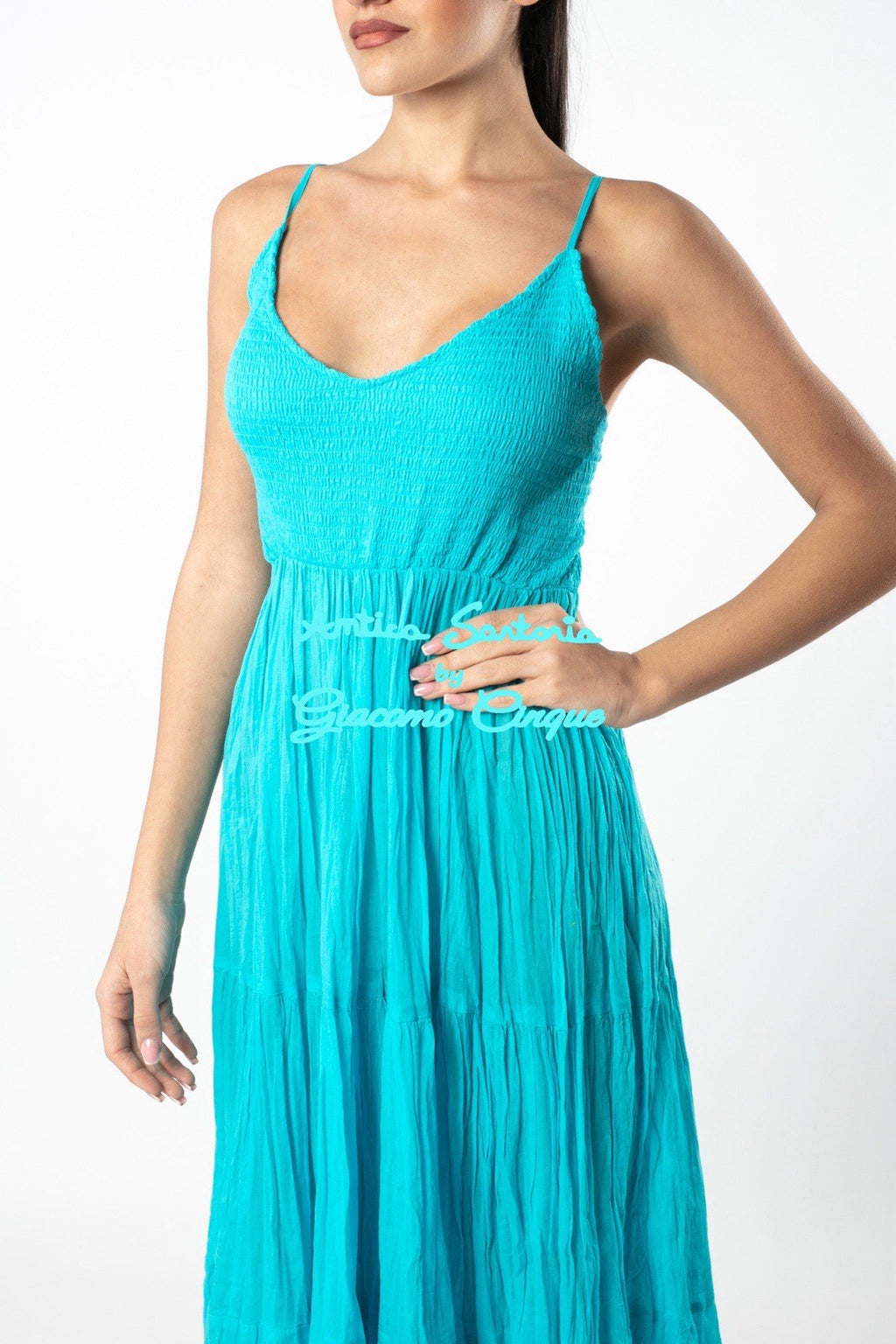 ANTICA SARTORIA 2025 LONG DRESS ADJ STRAPS SMOCKED TOP NWT O/S TURQUISE