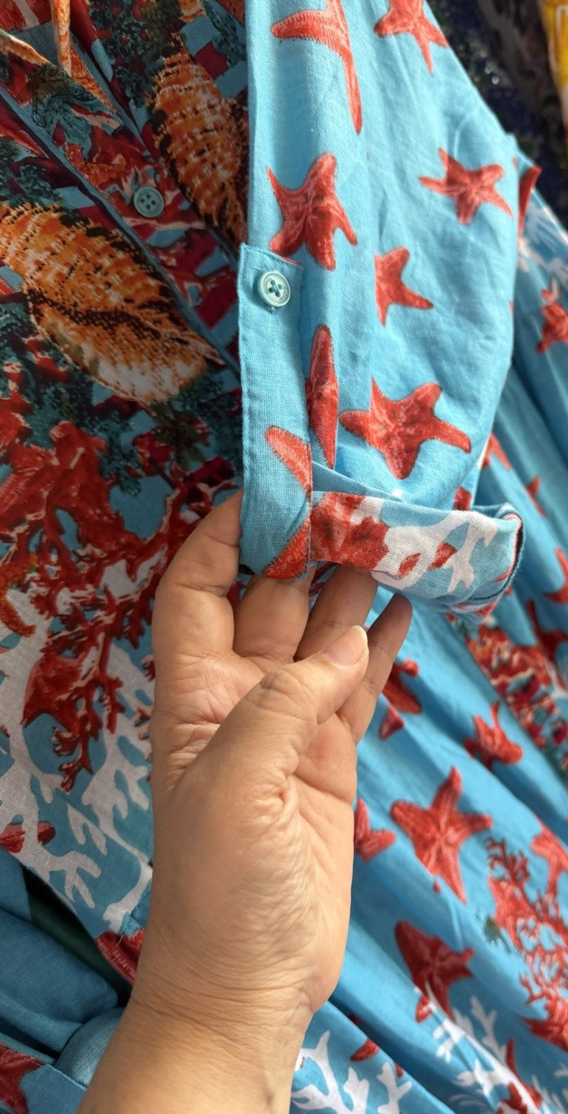 Antica Sartoria 2026 Aqua Coral Fish & Stars Long Flowy Belted Button Down Dress