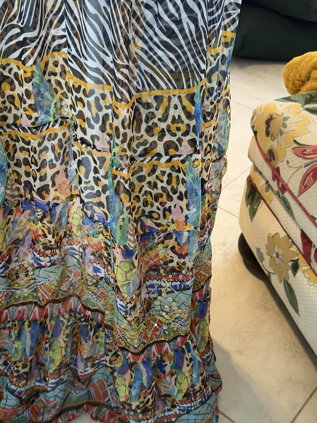 Antica Sartoria Smocked Top Sequins Long Animal Print Chiffon Dress O/S