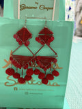 Antica Sartoria Pom Pom Hoop Triangle Earrings Hot Red Nwt