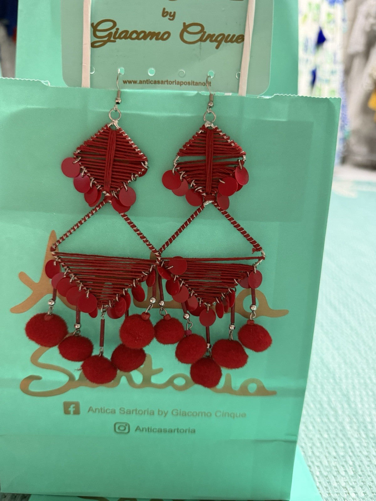 Antica Sartoria Pom Pom Hoop Triangle Earrings Hot Red Nwt