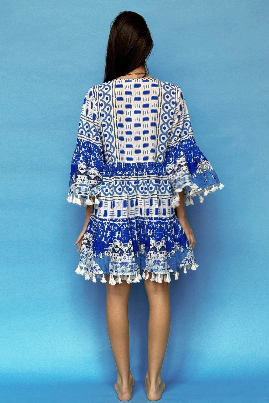 ANTICA SARTORIA 2024 BLUE & WHITE TRULLI HOUSES SHORT DRESS NWT O/S